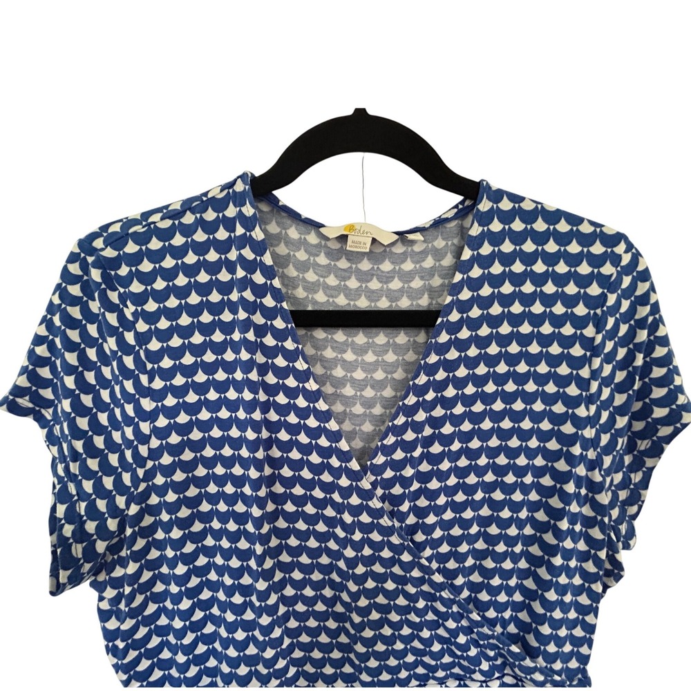 Boden Blue White Scallop Shell Print Jersey Faux Wrap Dress Size 12L - Picture 3 of 7
